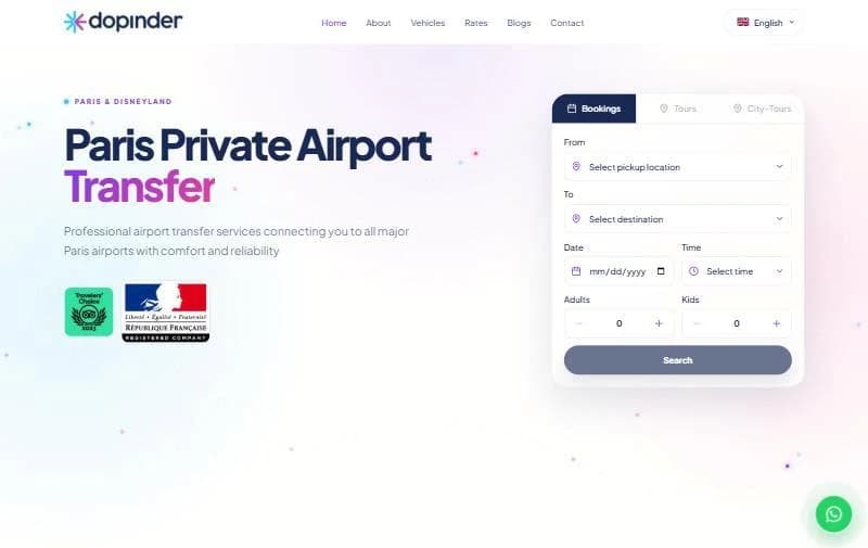 Dopinder booking form on a branded homepage with pickup, destination, date, time and passenger fields